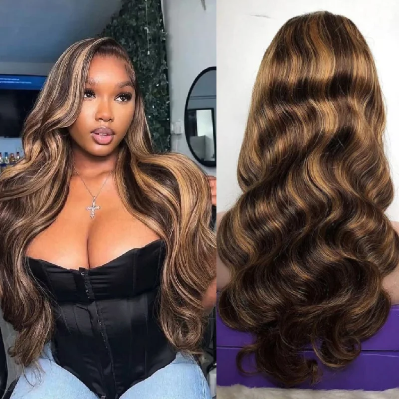 high-quality lace front wigs for realistic style -Fleeky Brazilian Highlight Wig Body Wave 13x4 Lace Frontal Wig Ombre Brown Honey Blonde Piano Color 4/27 Transparent Lace Wigs