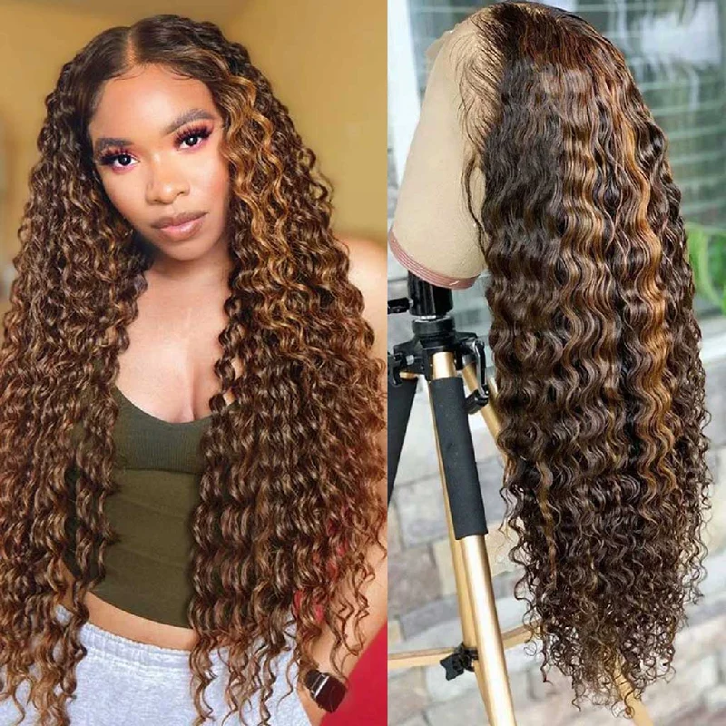 wigs for women with textured hair -Fleeky Brazilian Highlight Wig Deep Wave 13x4 Lace Frontal Wig Ombre Brown Honey Blonde Piano Color 4/27 Transparent Lace Wigs