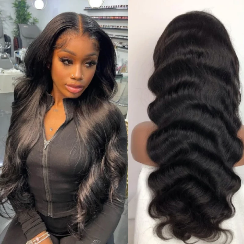 sleek black wigs for women with polished look -Fleeky Hair 10A Brazilian Body Wave 13x4 Lace Frontal Wig Transparent Lace Wigs