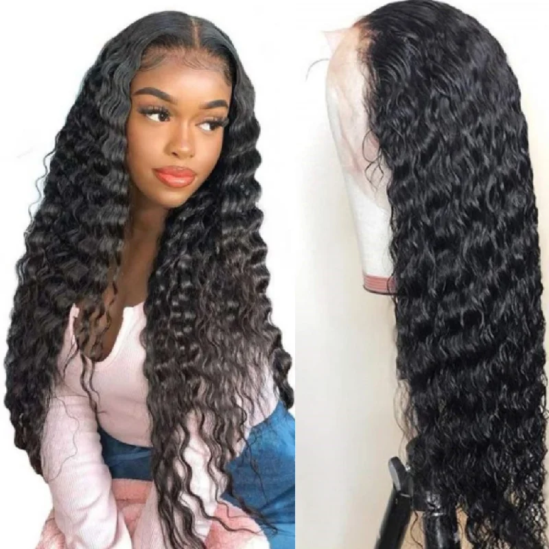 wigs for women with heavy hair loss -Fleeky Hair 10A Brazilian Deep Wave 13x4 Lace Frontal Wig Transparent Lace Wigs