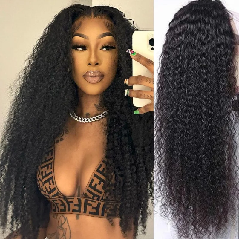 long wavy wigs for feminine style -Fleeky Hair 10A Brazilian Kinky Curly 13x4 Lace Frontal Wig Transparent Lace Wigs