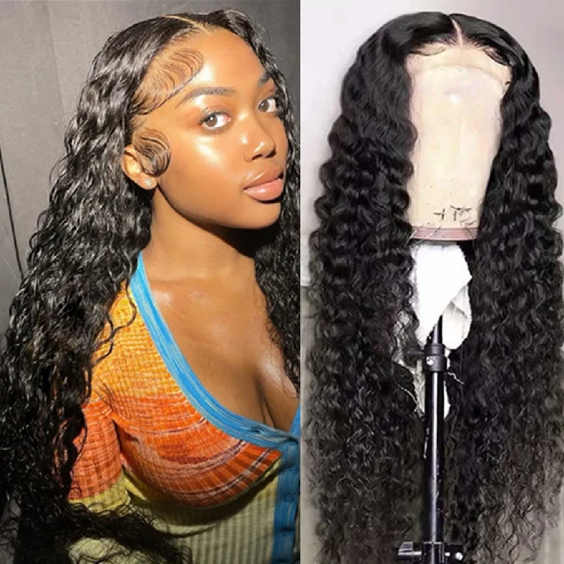 long black wigs for chic styles -Fleeky Hair 10A Brazilian Water Wave 13x4 Lace Frontal Wig Transparent Lace Wigs