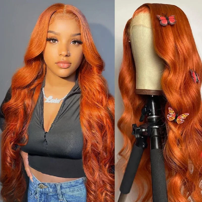 breathable lace wigs for comfort -Fleeky Hair Orange Ginger Color Wigs Transparent Lace Body Wave 13x4 Lace Frontal Wig 4x4 Lace CLosure Wig