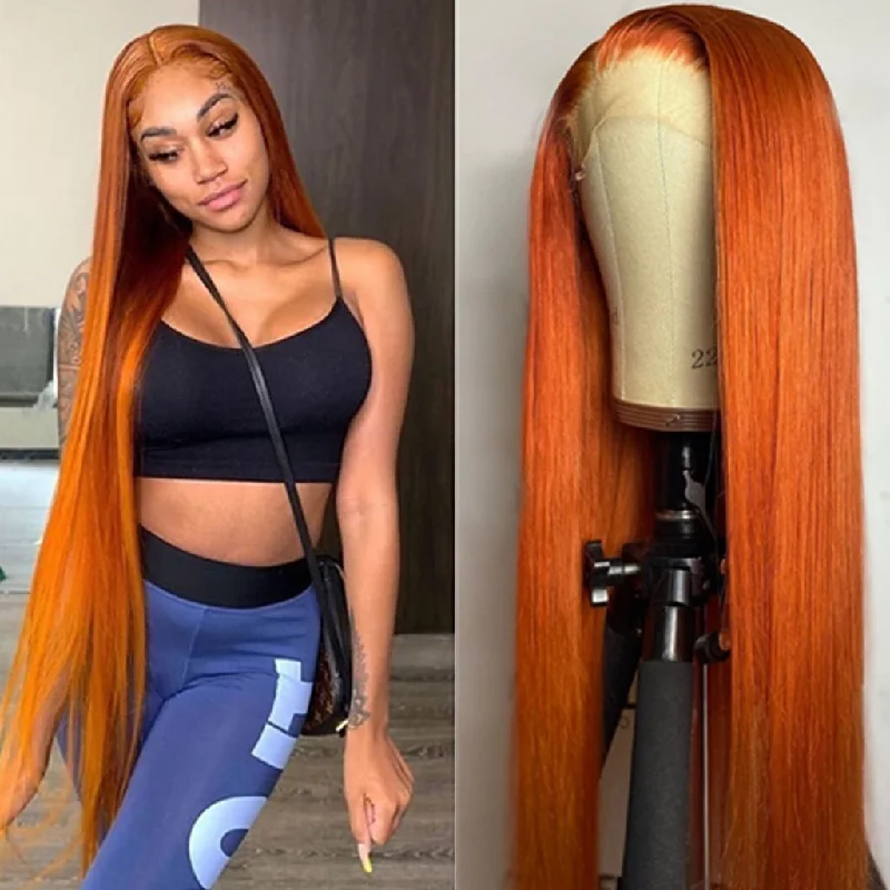 bright-colored wigs for a playful style -Fleeky Hair Orange Ginger Color Wigs Transparent Lace Straight 13x4 Lace Frontal Wig 4x4 Lace CLosure Wig