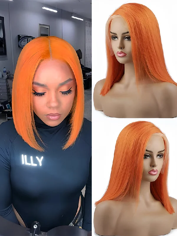 premium quality lace front wigs -CurlyMe Ginger Orange Color Bob Wigs Straight Hair Lace Front Wigs