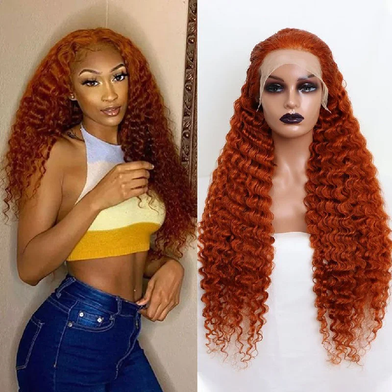 heat-resistant wigs for versatile styling -Ginger Orange Colored Wigs Deep Wave Transparent 13x4 Lace Frontal Wig 4x4 Lace Closure Wig