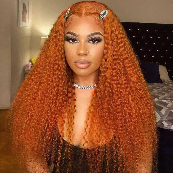 natural looking wigs for short hair -Megalook Ginger Orange Color Deep Curly / Water Wave Lace Frontal Wig 13x4 HD Transparent Lace Wigs