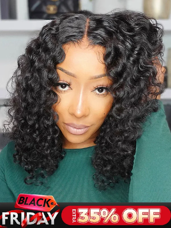 thick wigs for women with volume and bounce -CurlyMe Water Wave Bob Glueless Wig Wear Go 6x4 HD Lace Pre Cut Lace Wig