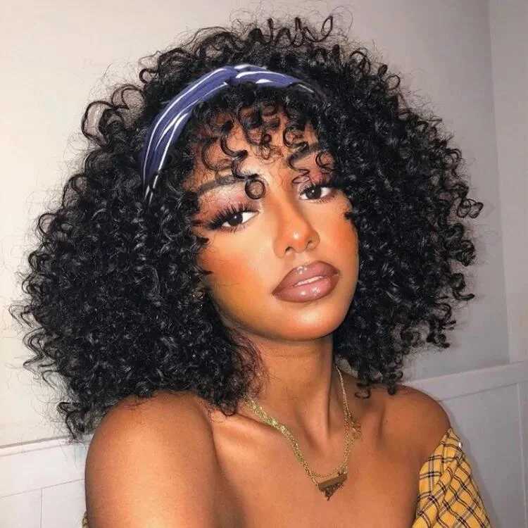 braided wigs for protective hairstyles -Headband Wig With Bangs Glueless Non Lace Wig Curly Headband With Bang For Black Women