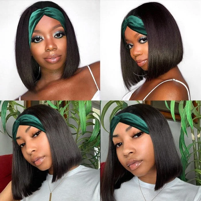 Headband Wigs Short Bob Human Hair Wig for Women Easy Wear Half Wig