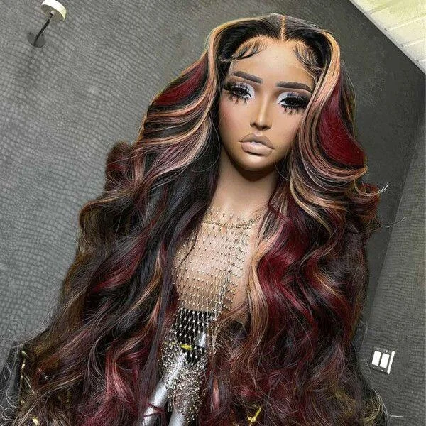 wigs for women with thin hair and volume -Megalook High Quality New Pop Highlights Wig 210% Density Burgundy Red And Auburn Mixed Highlights Glueless Wig