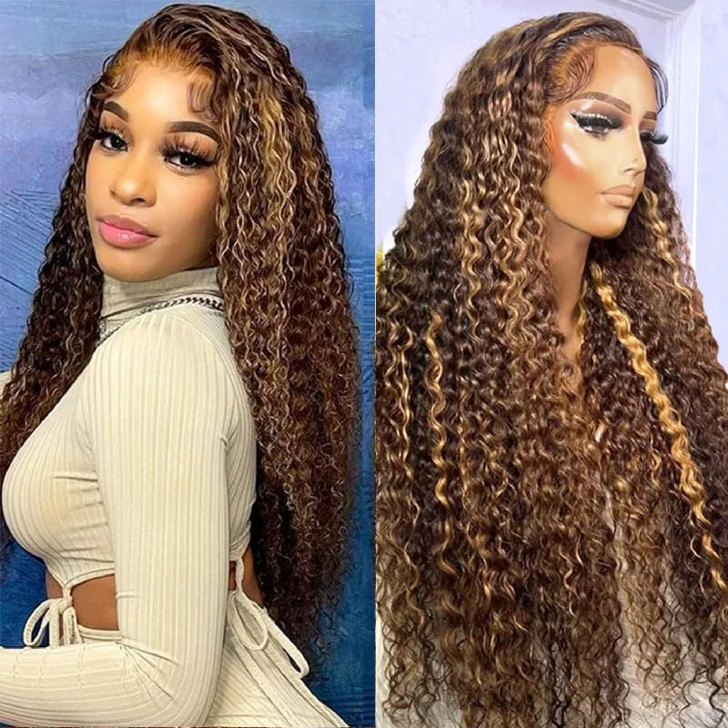 Brennas Hair Highlight Ombre Human Hair Pre Plucked Curly 4x4 Transparent Lace Closure Human Hair Wigs