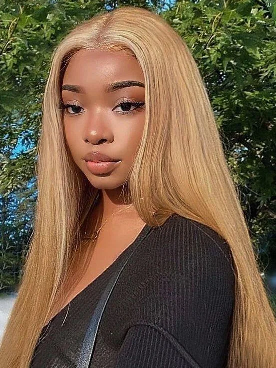 10-26inch #27 Color Honey Blonde Straight 13*6 Lace Front Human Hair Wig