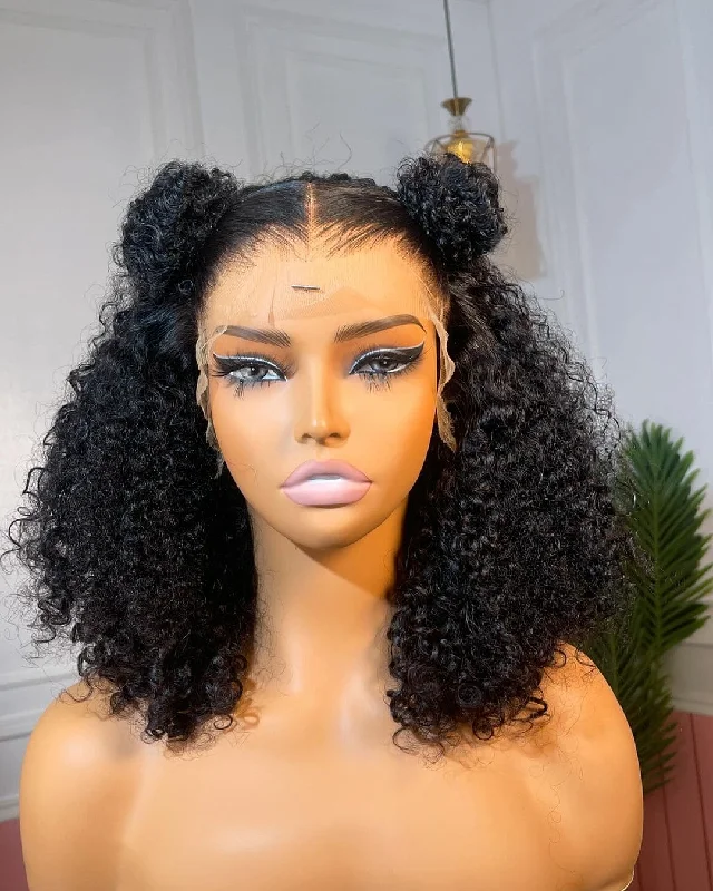 14-18inch Kinky Curly Glueless Breathable Cap Undetectable 13*4 Lace Human Hair Wigs