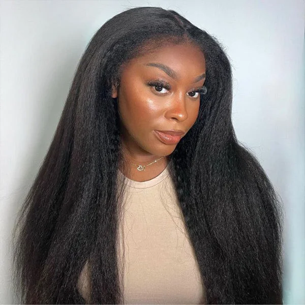 straight wigs for women with sleek finish -OQ HAIR Kinky Straight Wear Go Wig 100% Glueless Wig Bleached Knots 7x5 Pre-cut HD Lace