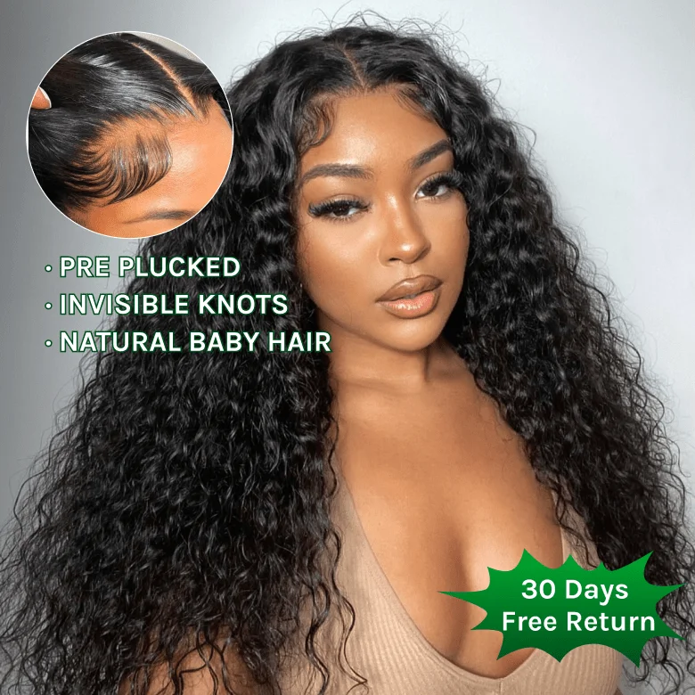 adjustable strap wigs for better fit -Klaiyi 13x4 Water Wave Pre-Everything™ Lace Frontal Wig Put On and Go Byebye Glue Lace Front Wigs with Invisible Knots