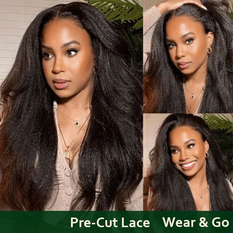 natural color wigs for women with easy styling -Klaiyi Put On And Go Pre-Cut Lace Wig Kinky Straight Wig with Breathable Cap Beginner Wig Flash Sale