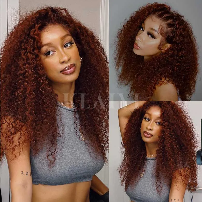 wigs for women with different skin tones -Klaiyi Pre-Cut Lace Wig Put On and Go Wigs Reddish Brown Jerry Curly Lace Closure Wig Beginner Wig