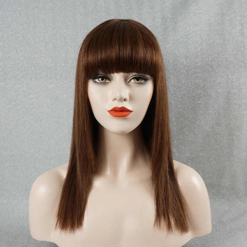 14inch Chestnut Brown Straight with Bangs Breathable Cap human hair wig