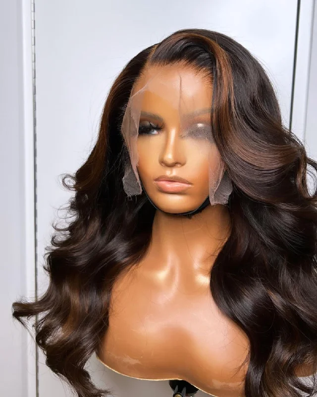 14-24inch Chocolate Brown Highlight Wave Pre Plucked 360 Transparent Lace  Human Hair Wigs