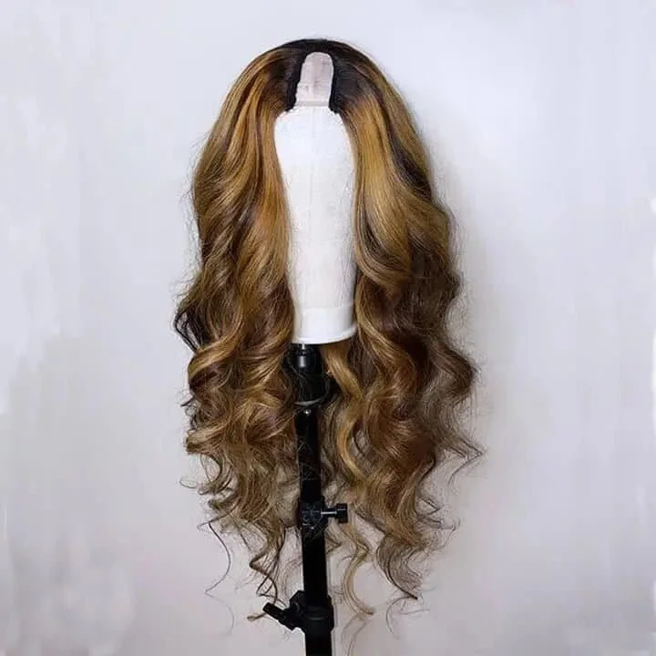 14-24inch Ombre Brown Color Body Wave Glueless U part 1"x4" Human Hair Wigs