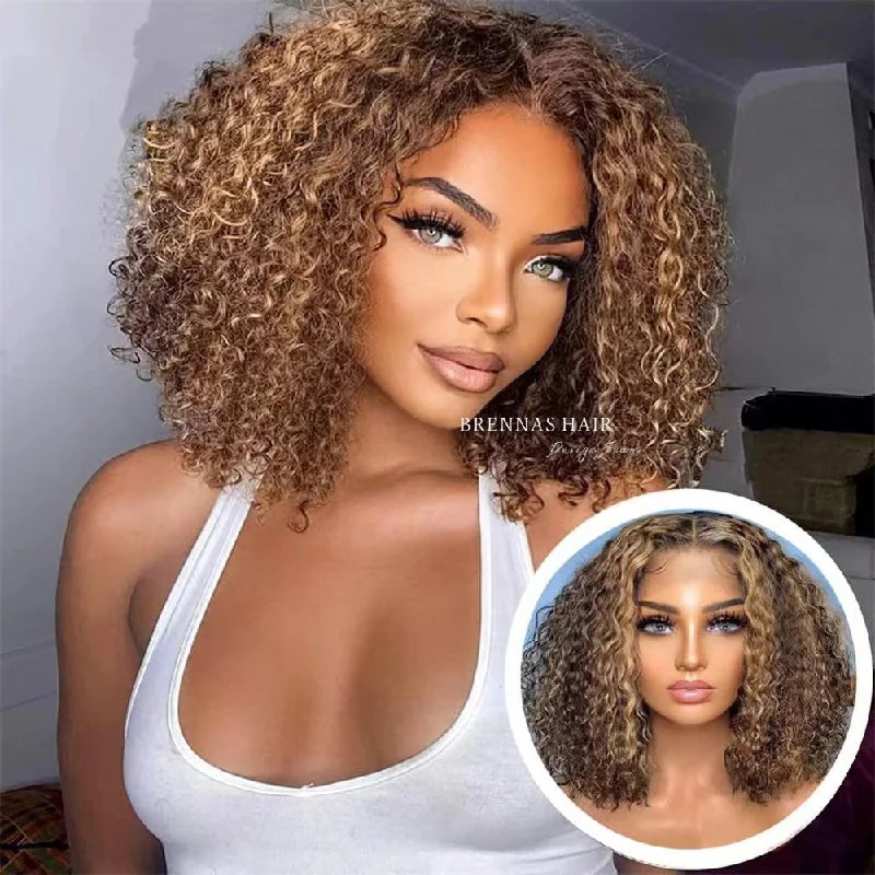 Brennas p4/27 Color Highlight Bob Curly Wave 4x4 Lace Closure Wigs Human Hair Wig