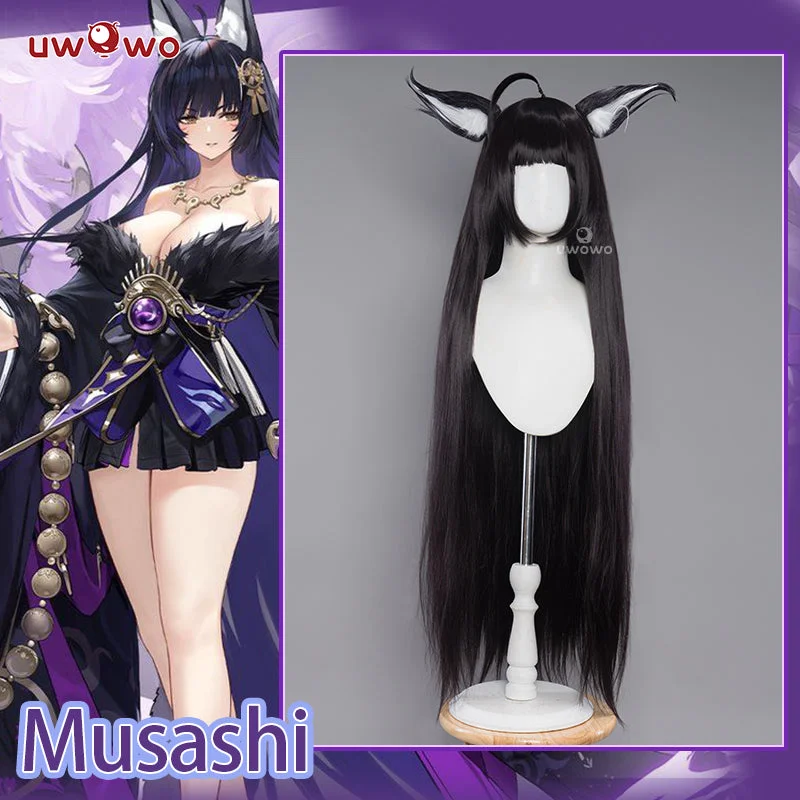 lace front wigs for black women -Uwowo Game Azur Lane IJN Musashi Kimono Fox Cosplay Wig With Ears Dark Purple Hair