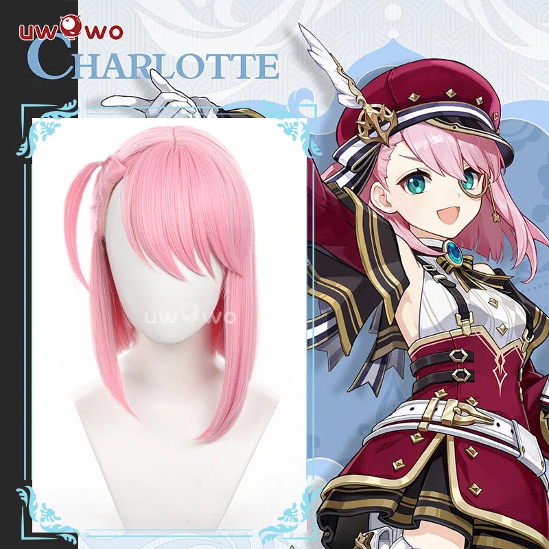 premium quality lace front wigs -Uwowo Game Genshin Impact Charlotte Cosplay Wig Middle Pink Hair