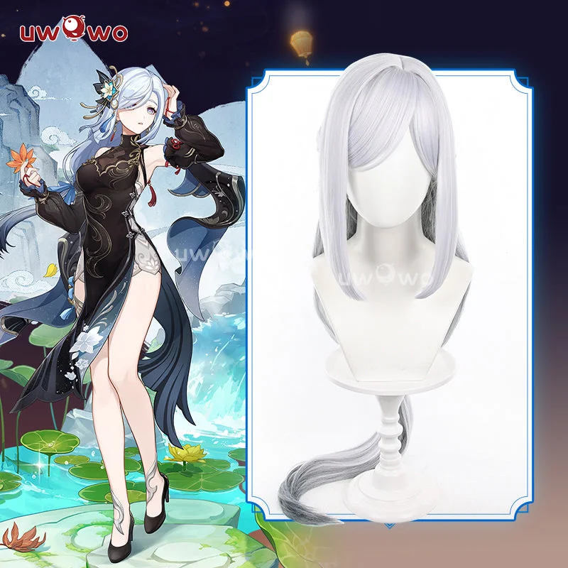 human hair wigs for a fuller look -Uwowo Genshin Impact Shenhe Frostflower Dew New Outfits Lantern Rite Cosplay Wig Long Silver Wig