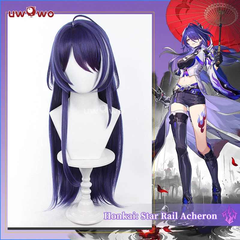 synthetic wigs for black women -Uwowo Honkai Star Rail Acheron Cosplay Wig Long Blue Hair