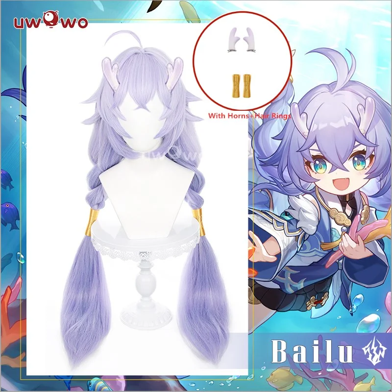 wigs for women with square jawline -Uwowo Honkai Star Rail Cosplay Wig Bailu Dragon Wig Long Blue Hair (With Horns And Hair Rings)