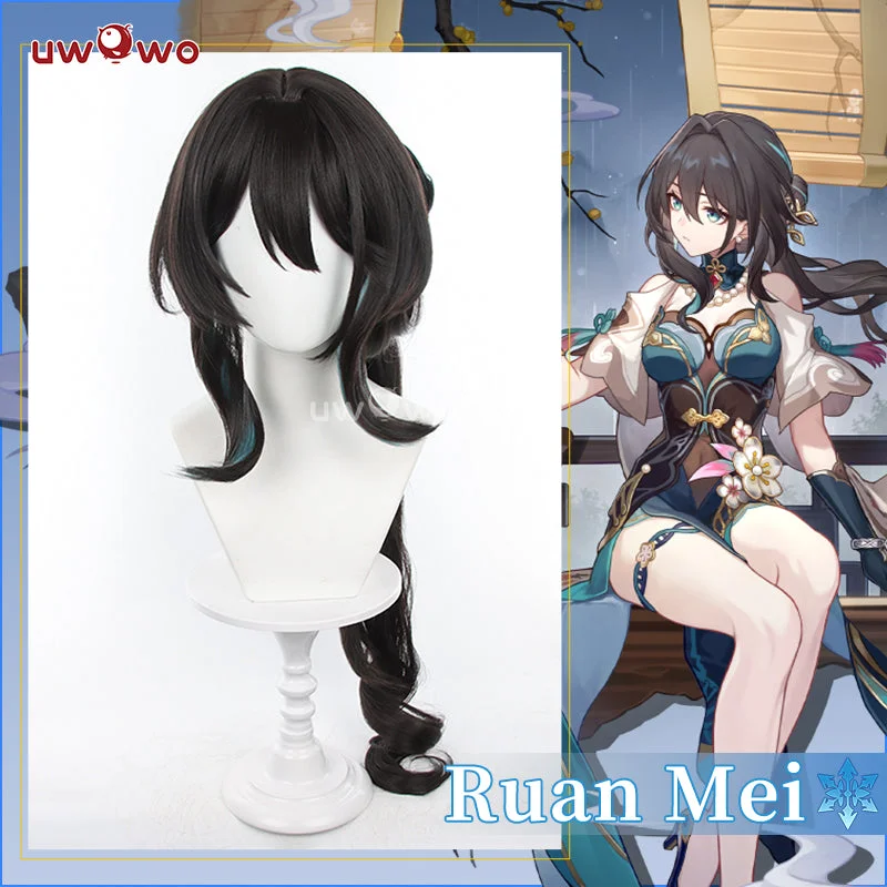 heat-resistant wigs for styling with curlers -Uwowo Honkai Star Rail Ruan Mei RuanMei HSR Cosplay Wig Long Black Hair