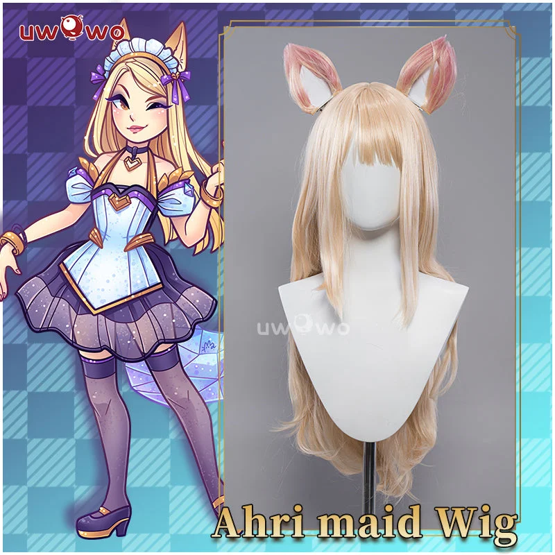 wigs for men with bald spots -Uwowo League of Legends/LOL Fanart KDA POP Star Ahri Maid Cosplay Wig Long Gold Hair WIth Ears