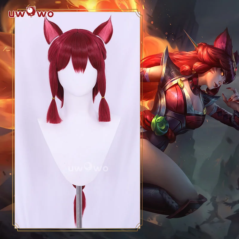 cheap synthetic wigs for casual use -Uwowo League of Legends/LOL: Foxfire Ahri 2023 ASU Cosplay Wig Long Wine Hair With Ears