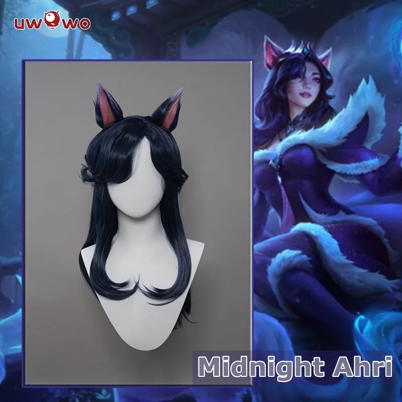 wigs for women with square face shapes -Uwowo League of Legends/LOL: Midnight Ahri ASU 2023 Nine Tailed Fox Fur Cosplay Wig Long Purple Hair With Ears