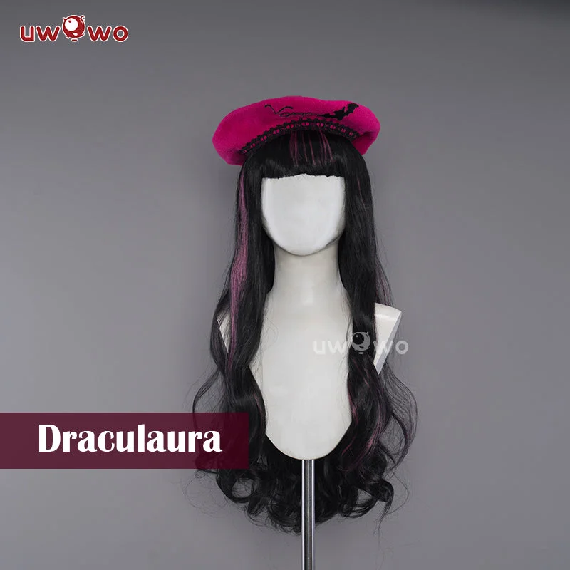 breathable lace wigs for comfort -Uwowo Monster High Wig Draculaura Spiderweb Cape Beret Gothic Dress Wig Long Curly Hair