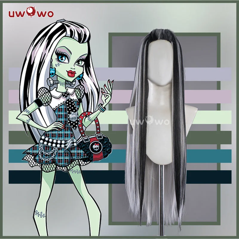 curly human hair wigs for natural looks -Uwowo Monster High Wig Frankie Cosplay Wig Black Silver Long Hair