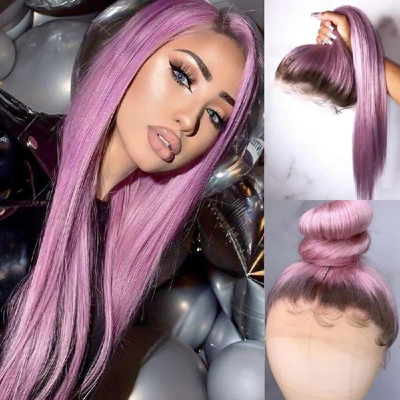 12-26inch Lavender Purple Ombre Brown Roots Straight 360 Front human hair Wigs