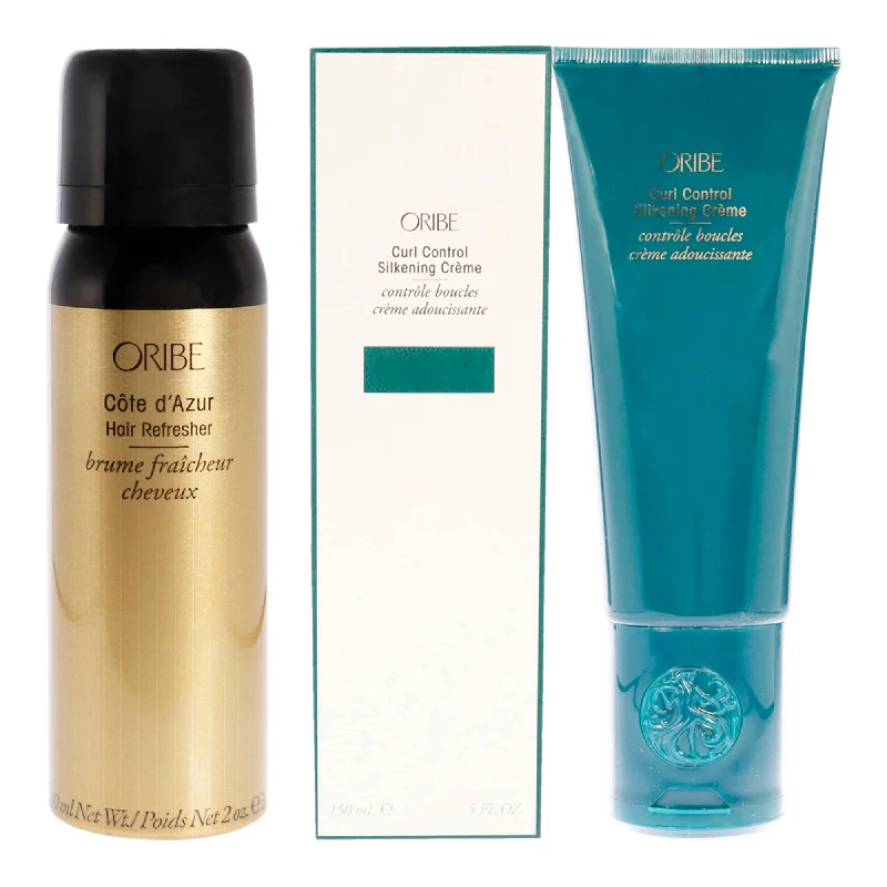 styling gel for curly hair-Oribe Cote dAzur Hair Refresher and Curl Control Silkening Creme Kit by Oribe for Unisex - 2 Pc Kit 2oz Refresher, 5oz Cream