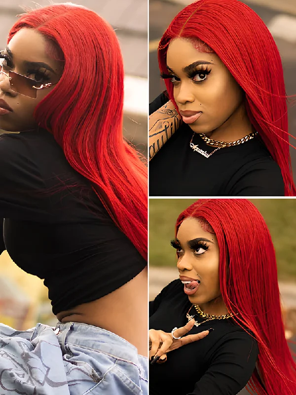 full thick wigs for volume and style -CurlyMe Bright Red Colored Straight Hair Lace Front Wigs Pre Plucked Hairline