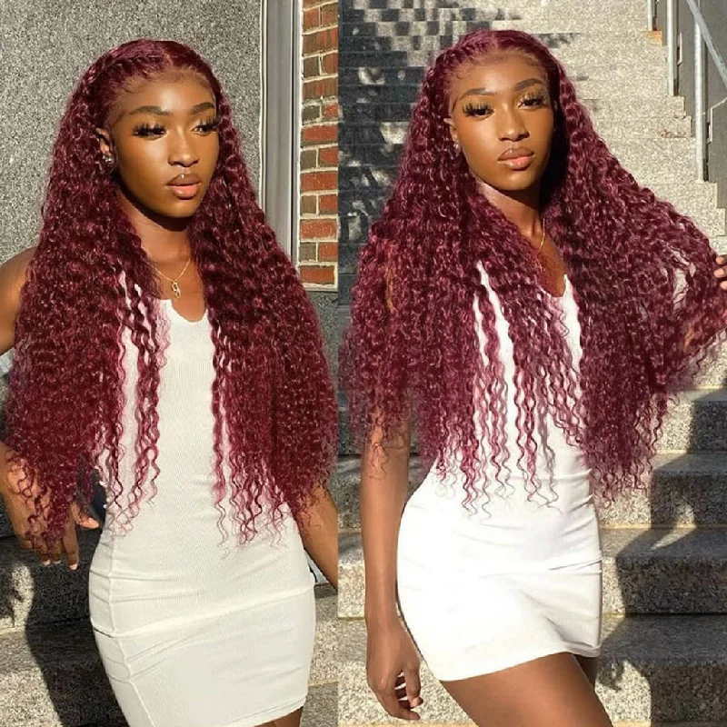 stylish pixie wigs for everyday use -99J Burgundy Red Color Deep Wave Curly 13x4 Lace Front Wig 4x4 Lace Closure Wigs