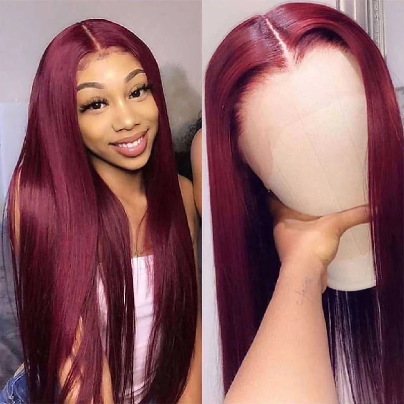 wigs for women with heart-shaped faces -Red Color Wig Burgundy #99J Straight Transparent lace 13x4 Lace Front Wig 4x4 Lace Closure Wig