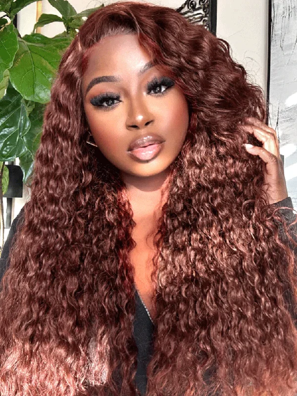 glueless wigs for everyday convenience -CurlyMe Pre-Plucked Wear Go Glueless Reddish Brown Water Wave Hair Pre-cut Lace