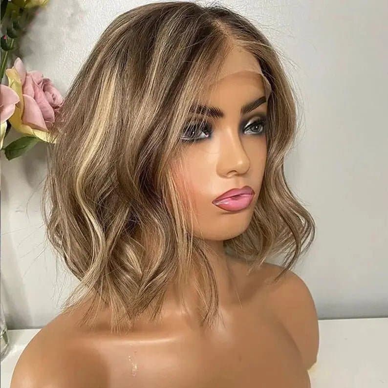 8-16inch Short Cut Ombre Highlight Brown BoB Body Wave 13*4 Front Lace Human Hair Wig