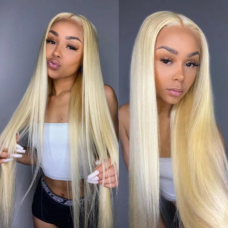 trendy ombre hair wigs for bold fashion -Megalook 16-28 inch Brazilian #613 Blonde Lace Closure Wig 5x5 Deep Part Straight / Body Wave Honey Blonde Wigs