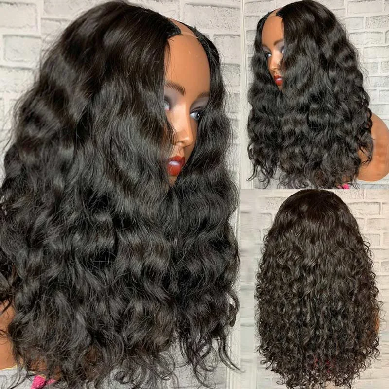 African American wigs for natural style -Megalook Affordable Wig Natural Black Body Wave/Deep Wave 2x4 U Part Wig