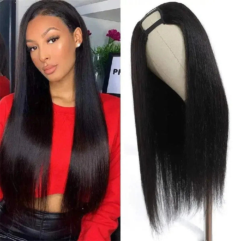 12-30inch Straight Natural Color Glueless Human Hair Middle Part U Part Wig