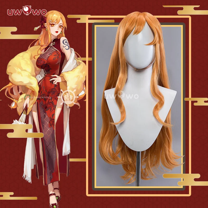 voluminous wigs for a bold statement -Uwowo Anime Fanart Nami Chinese Dress Cheongsam Cosplay Wig Long Yellow Hair