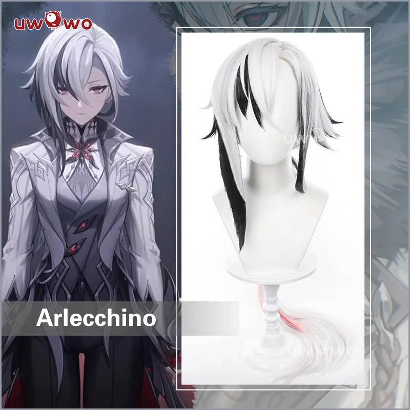 glueless full lace wigs for women -Uwowo Game Genshin Impact Fatui Harbinger The Knave Arlecchino Cosplay Wig Long Silver Hair