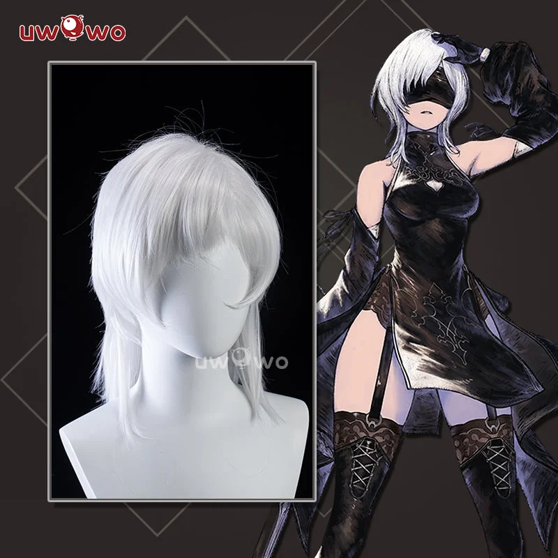 affordable wigs for everyday wear -Uwowo NieR Reincarnation 10H YoRHa Sentinel Savior Cosplay Wig Middle Silver Hair